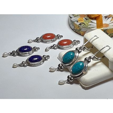 Lapis, Carnelian, Turquoise & Pearl interchangeable 3in1 925 Lever Earrings18528