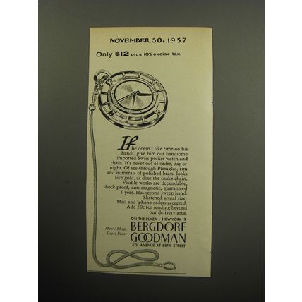 1957 Bergdorf Goodman Pocket Watch Advertisement - Only $12 plus 10% excise tax