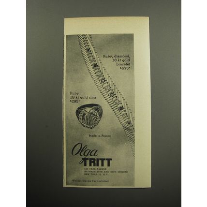 1957 Olga Tritt Jewelry Advertisement - Ruby, diamond, 18 kt gold bracelet $675