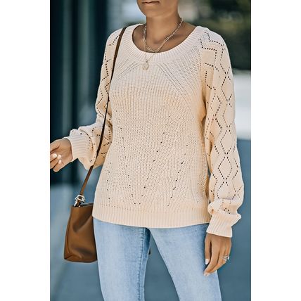 Beige Hollow-out Puffy Sleeve Knit Sweater