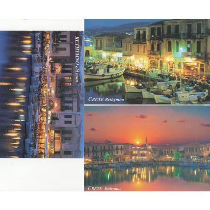 Crete Krete Rethymno Harbour Boats At Night 3x Postcard s