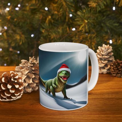 Personalized Dinosaur Raptor Rocks Christmas Santa Red Hat Ceramic Mug 11oz Desi