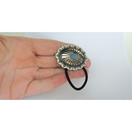 Oval turquoise blue stone metal native hair tie ponytail holder scrunchie