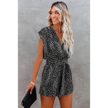 Black Leopard Print Belted V Neck Short Sleeve Romper