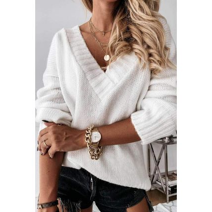 White V neck Drop Shoulder Knitted Sweater