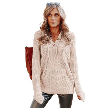 Apricot Waffle Knit Buttons Hooded Sweater with Pocket