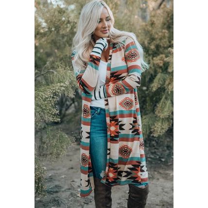 Multicolor Geometric Color Block Open Front Long Cardigan