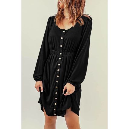 Black Button Up High Waist Long Sleeve Dress