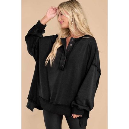 Black Oversized Exposed Seam Henley Sweatshirt