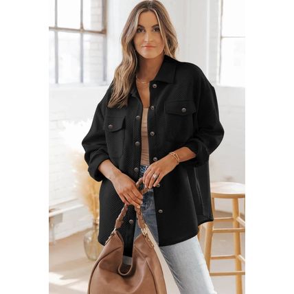 Black Solid Textured Flap Pocket Buttoned Shacket