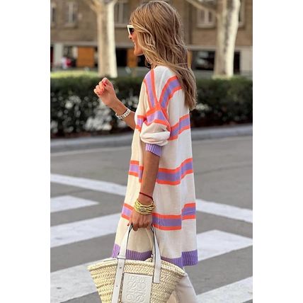 Beige Plus Size Striped Dropped Shoulder Sweater Cardigan