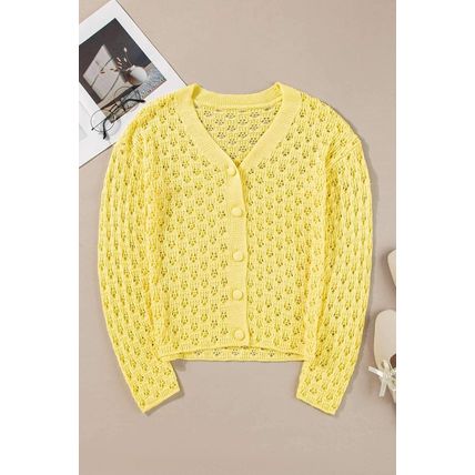 Yellow Pointelle Knit V Neck Sweater Cardigan