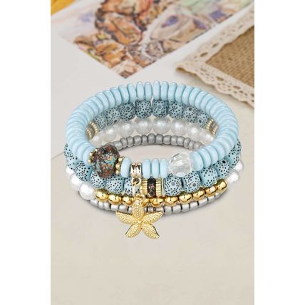 Light Blue 4pcs Starfish Pendant Beaded Bracelet Set
