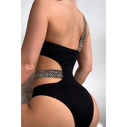 Black Textured Stitch One Shoulder Cutout One Piece Swimsuit