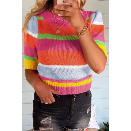 Multicolour Color Block Cropped Short Sleeve Sweater