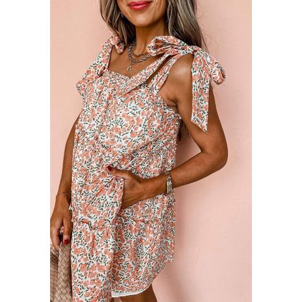 Orange Rose Floral Knotted Straps Tiered Babydoll Dress