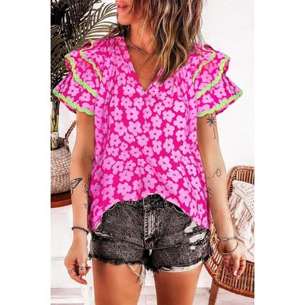 Pink Floral Contrast Ric Rac Layered Ruffle Sleeve Blouse