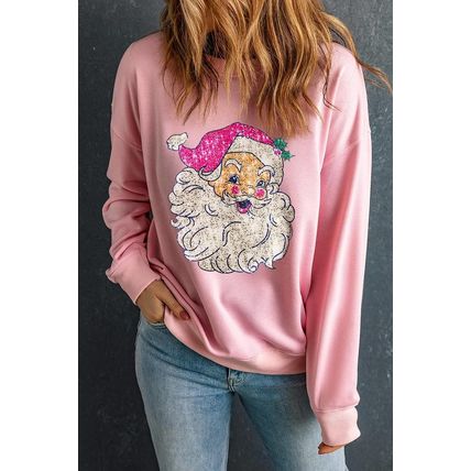 Pink Bold Christmas Claus Graphic Drop Shoulder Sweatshirt