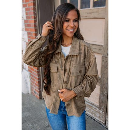 Dark Khaki Textured Chest Pocket Button-up Shacket
