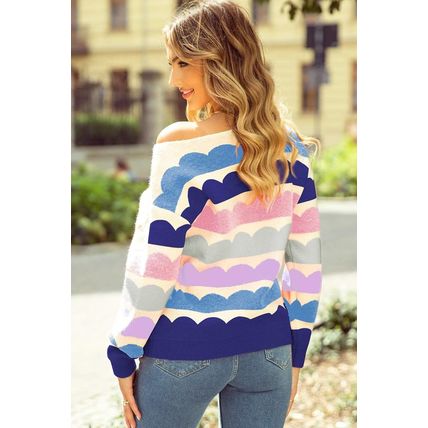 Dark Blue Wave Striped Balloon Sleeve Drop Shoulder Sweater