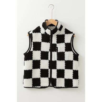 Black Checkered Sherpa Collared Jacket Vest