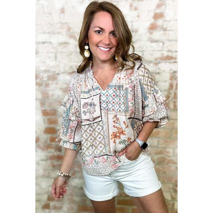 Multicolour Boho Floral Patched Ruffled Sleeve Tied Neck Blouse