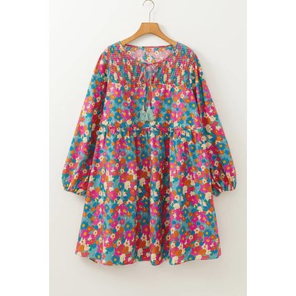 Sky Blue Plus Size Floral Print Shirred Ruffle Tiered Mini Dress