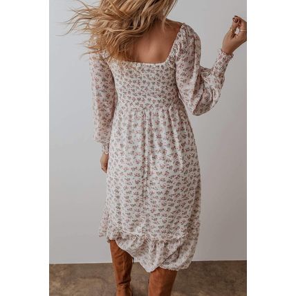 White Floral Print Shirred Ruffled Hem Square Neck Midi Dress