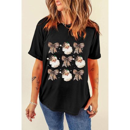 Black Santa Claus Leopard Bow Print Crew Neck Casual T Shirt