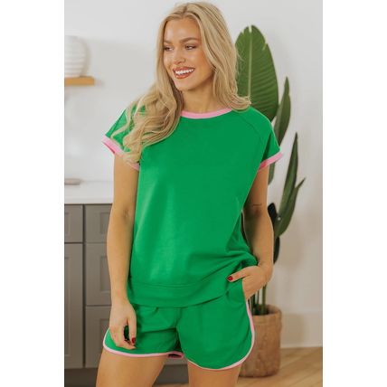Bright Green Two Tone Contrast Textured Crewneck Tee and Shorts Set