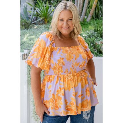 Purple Floral Puff Sleeve Square Neck Smocked Plus Size Babydoll Blouse