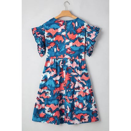 Blue Abstract Print Shirred Ruffled Short Sleeve Tiered Plus Size Mini Dress