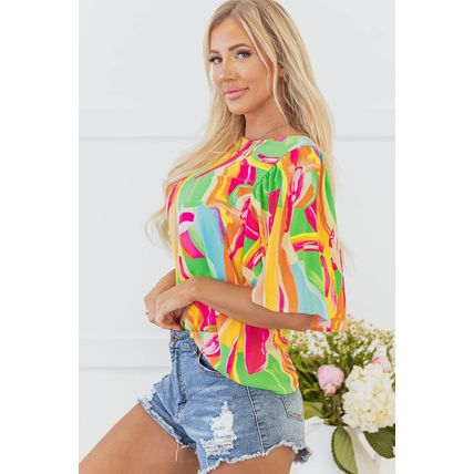 Multicolour Abstract Print Keyhole Back Pleated Half Sleeve Blouse