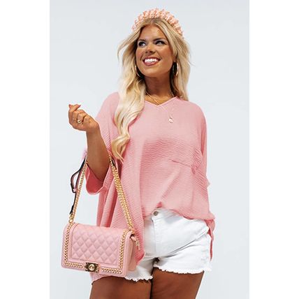 Pink Textured Half Sleeve V Neck Plus Size T Shirt with Chest Pocket