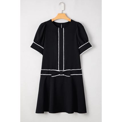 Black Contrast Scallop Trim Bow Detail Half Sleeve Shift Dress