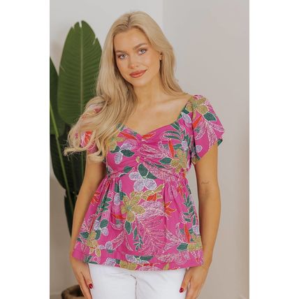 Purple Floral Print Sweetheart Neck Flutter Sleeve Blouse