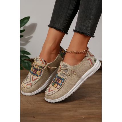 Beige Geometric Lace-up Decor Slip On Shoes