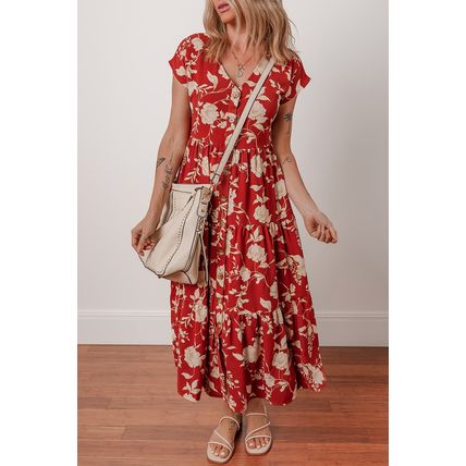Red Floral Print Buttoned Front V Neck Tiered Short Sleeve Midi Dress
