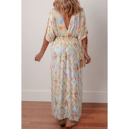 Multicolour Geometric Print Half Sleeve Shirred High Waist Maxi Dress