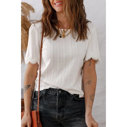White Scalloped Lace Trim Jacquard Textured T Shirt