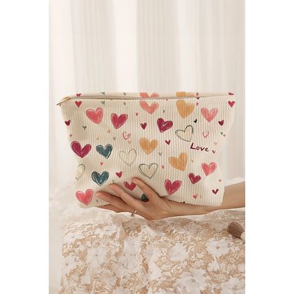 White Love Heart Print Ribbed Canvas Makeup Bag