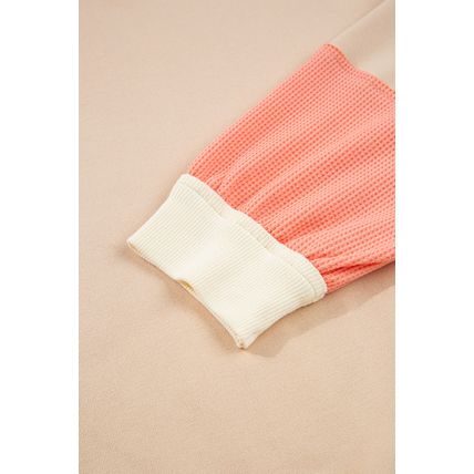 Light French Beige Color Block Textured Patchwork Pullover Sweatshirt