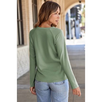 Laurel Green Solid Color Seam Detail Raglan Long Sleeve Top