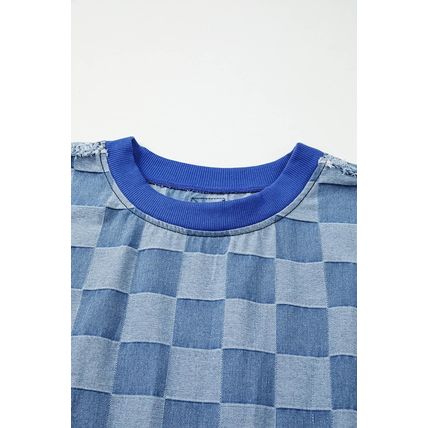 Sky Blue Checkerboard Splicing Raw Detail Oversized Denim Pullover