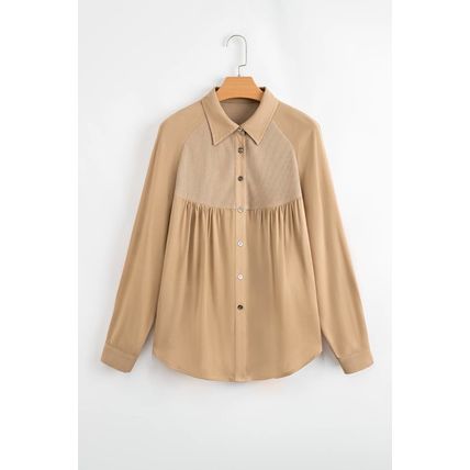 Light French Beige Waffle Patchwork Button Up Frayed Hem Shirt