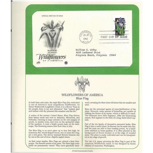 WILDFLOWERS OF AMERICA : BLUE FLAG ' OFFICIAL FIRST DAY of ISSUE ' (1992)