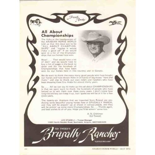 brusally ranches 1972 ed tweed championship arabian horse vintage ad