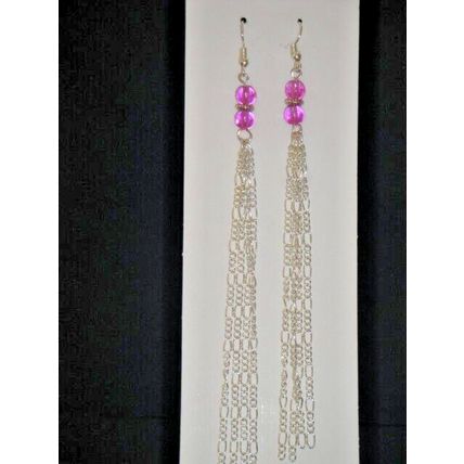 Different 125mm long chain & delicate spicy pink round glass swing earrings