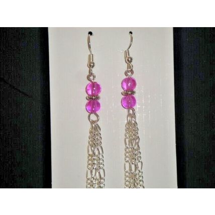 Different 125mm long chain & delicate spicy pink round glass swing earrings