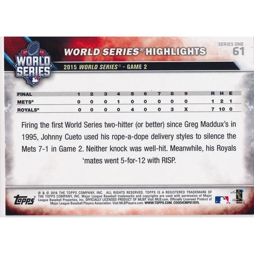 2016 Topps Baseball 61 Johnny Cueto WS Kansas City Royals